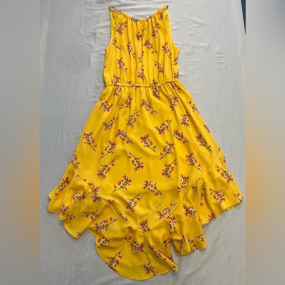 GB Girls Yellow Floral High Neck Halter Sundress with Asymmetrical Hem, Sz LG - Picture 15 of 16